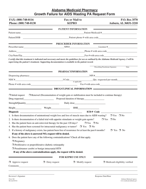 Form 366 Growth Failure for AIDS Wasting Pa Request Form - Alabama