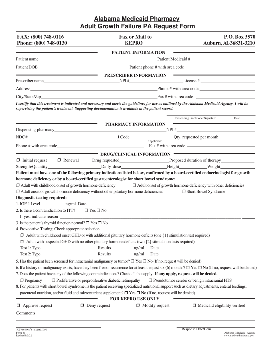 Form 411 Adult Growth Failure Pa Request Form - Alabama, Page 1