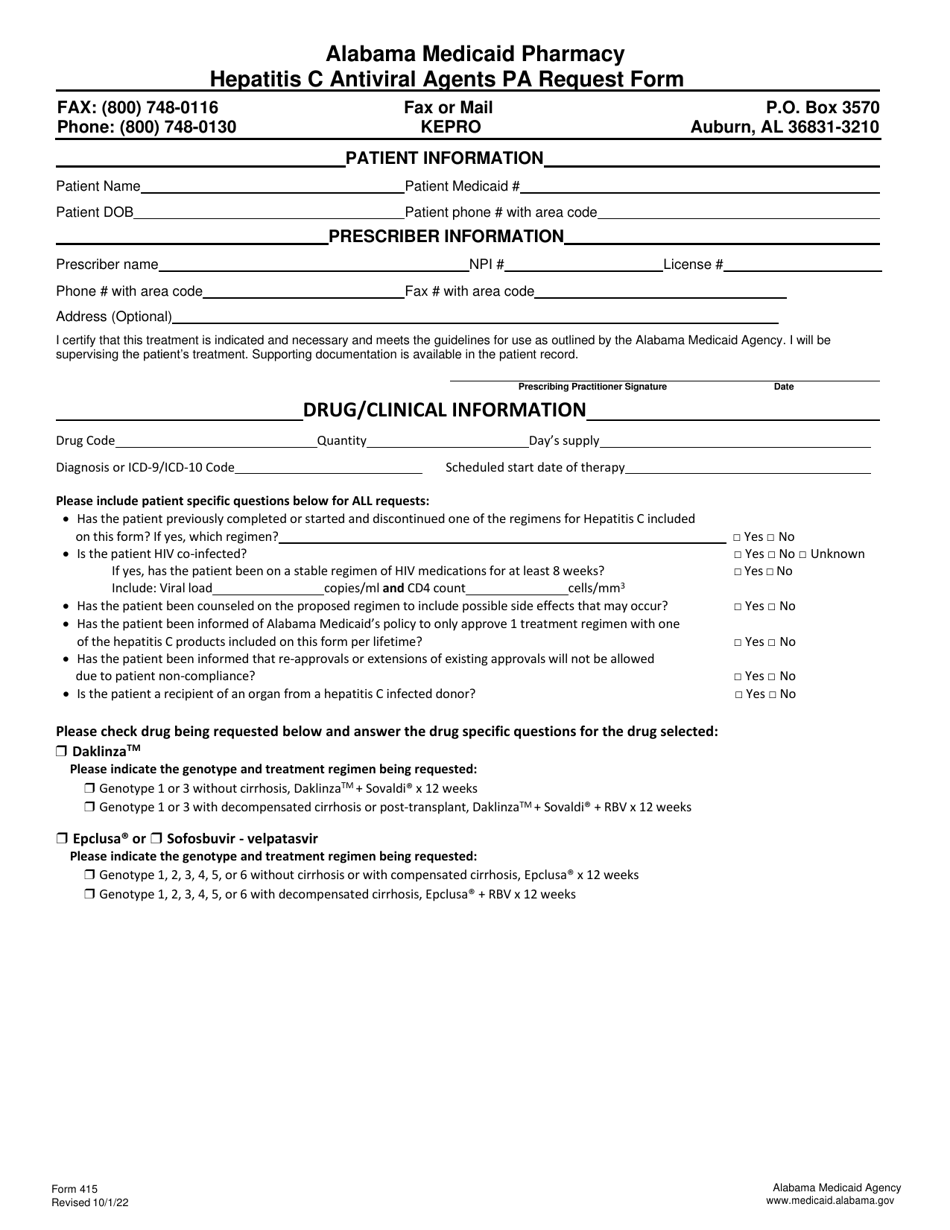 Form 415 Hepatitis C Antiviral Agents Pa Request Form - Alabama, Page 1