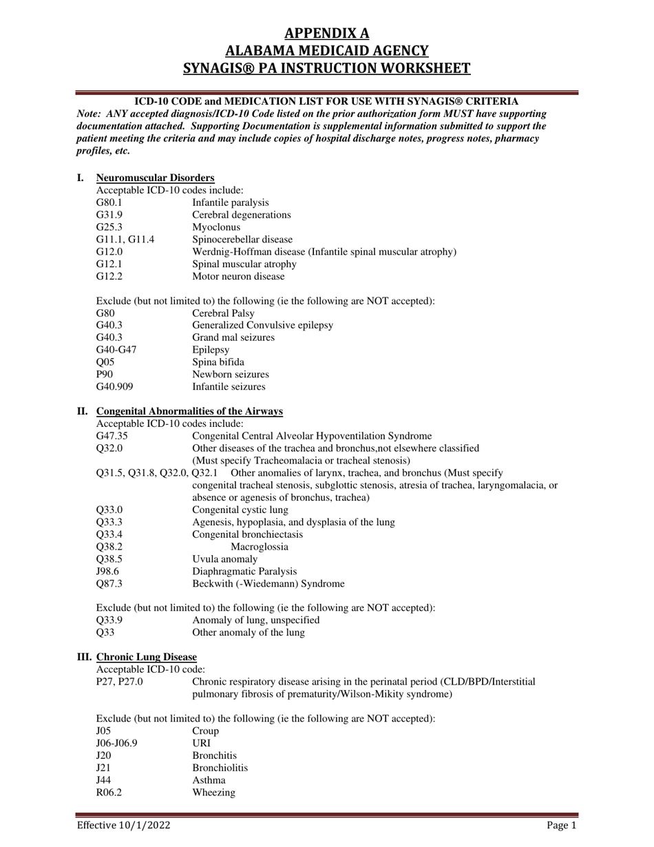 Appendix A Synagis Pa Instruction Worksheet - Alabama, Page 1