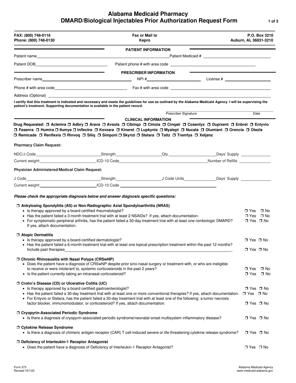 Form 373 Dmard / Biological Injectables Prior Authorization Request Form - Alabama, Page 1