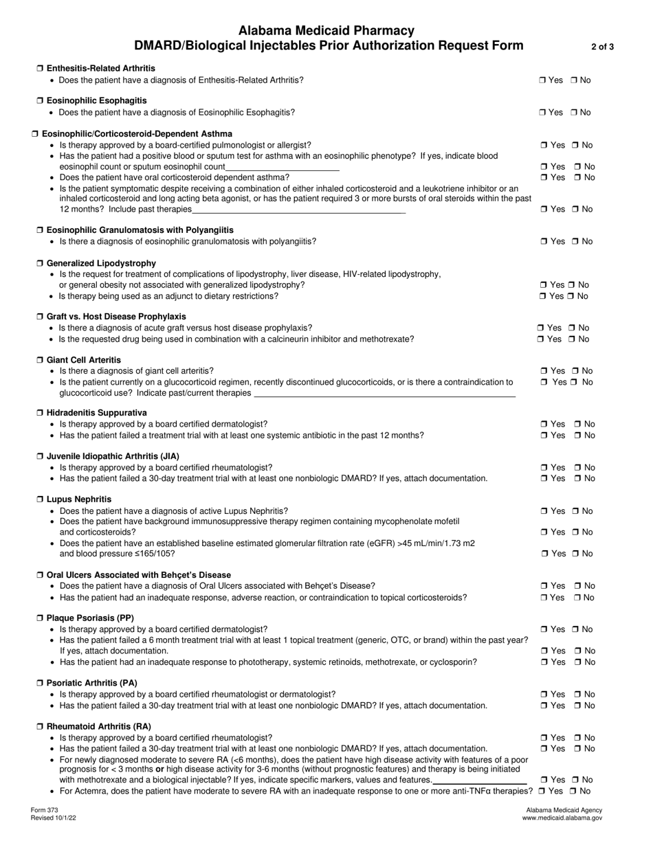 Form 373 Dmard / Biological Injectables Prior Authorization Request Form - Alabama, Page 2