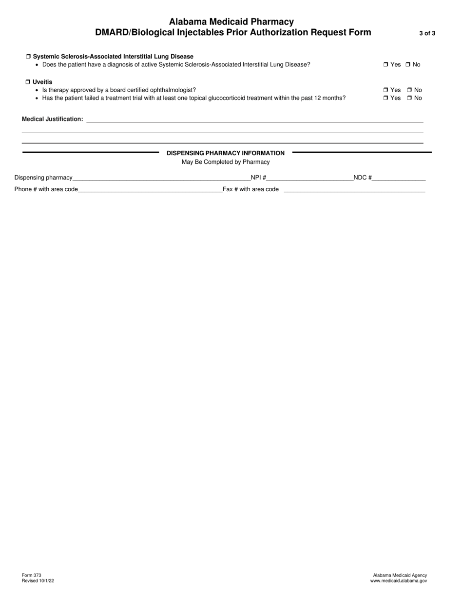 Form 373 Dmard / Biological Injectables Prior Authorization Request Form - Alabama, Page 3