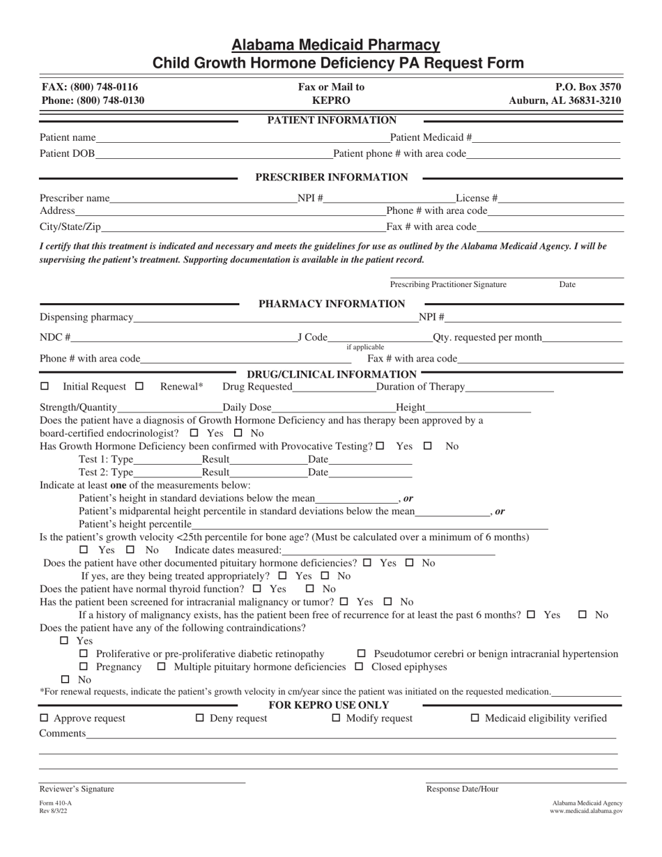 Form 410-A Child Growth Hormone Deficiency Pa Request Form - Alabama, Page 1