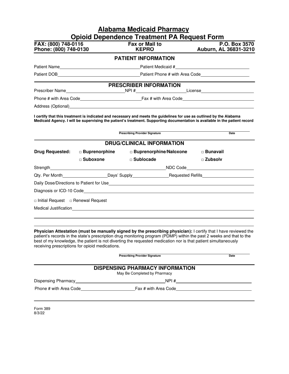 Form 389 Opioid Dependence Treatment Pa Request Form - Alabama, Page 1