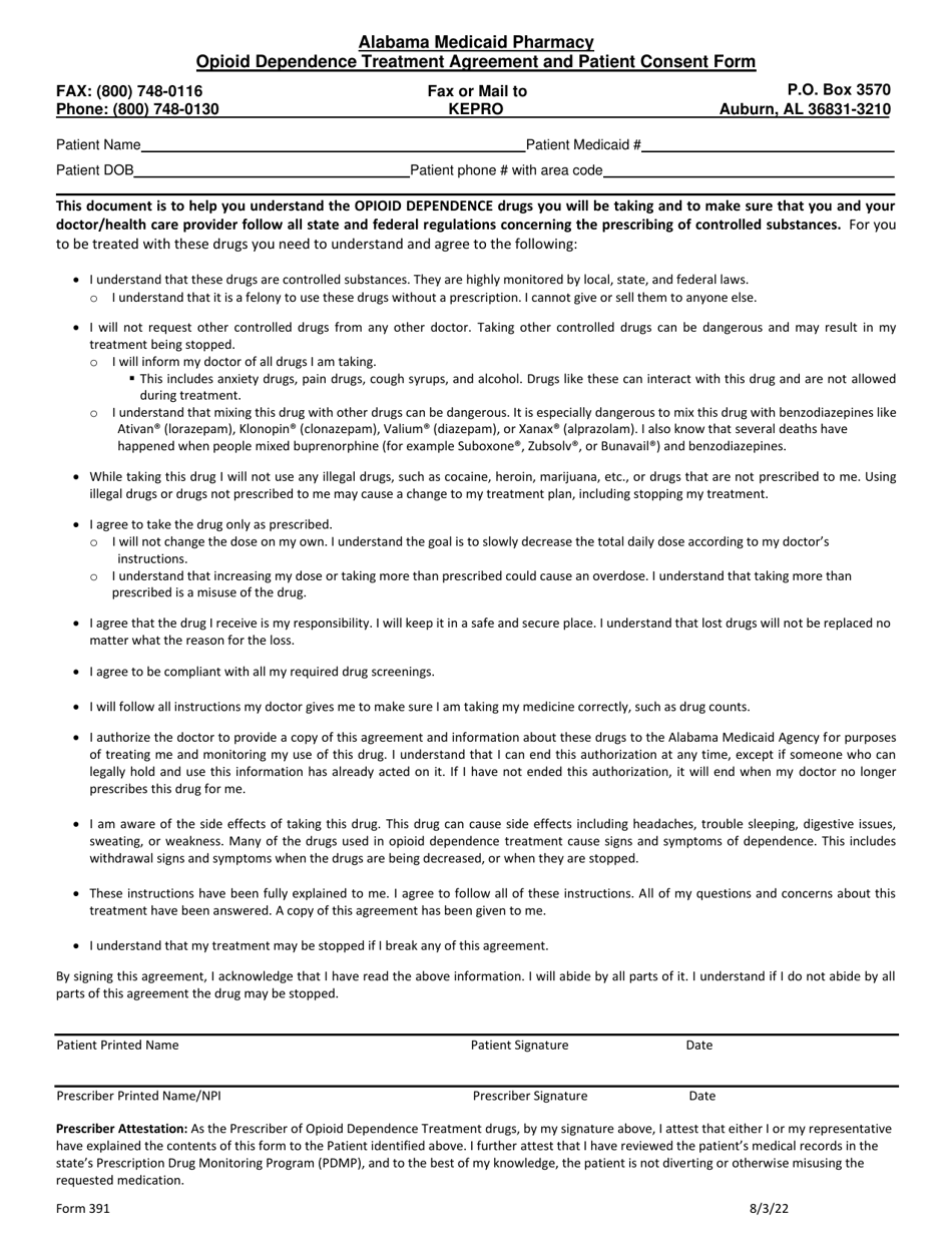 Form 391 Opioid Dependence Treatment Agreement and Patient Consent Form - Alabama, Page 1