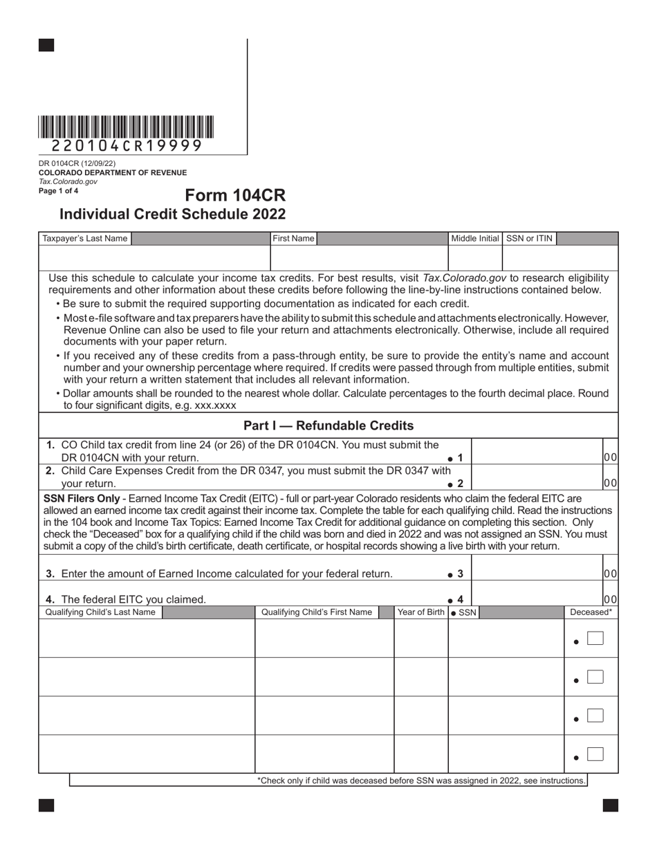 Form DR0104CR Individual Credit Schedule - Colorado, Page 1