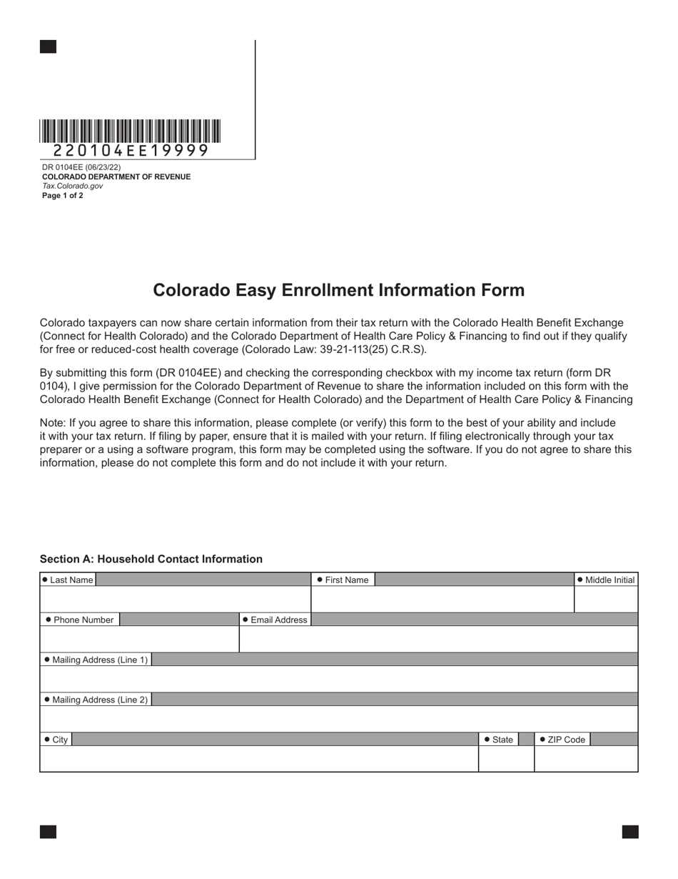 Form DR0104EE Colorado Easy Enrollment Information Form - Colorado, Page 1