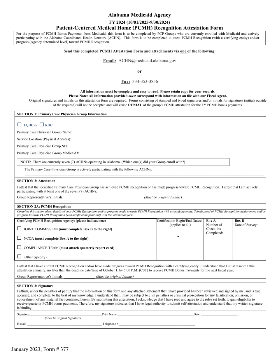 Form 377 Patient-Centered Medical Home (Pcmh) Recognition Attestation Form - Alabama, Page 1