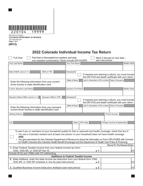 Form DR0104 Colorado Individual Income Tax Return - Colorado, 2022