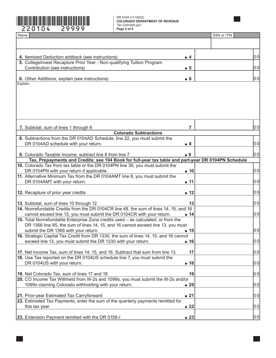 Form DR0104 Download Fillable PDF or Fill Online Colorado Individual