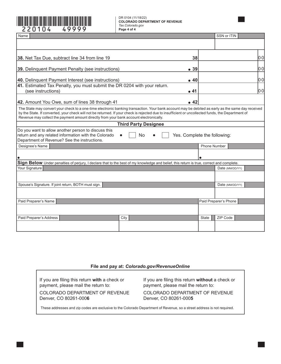 Form DR0104 Download Fillable PDF or Fill Online Colorado Individual ...