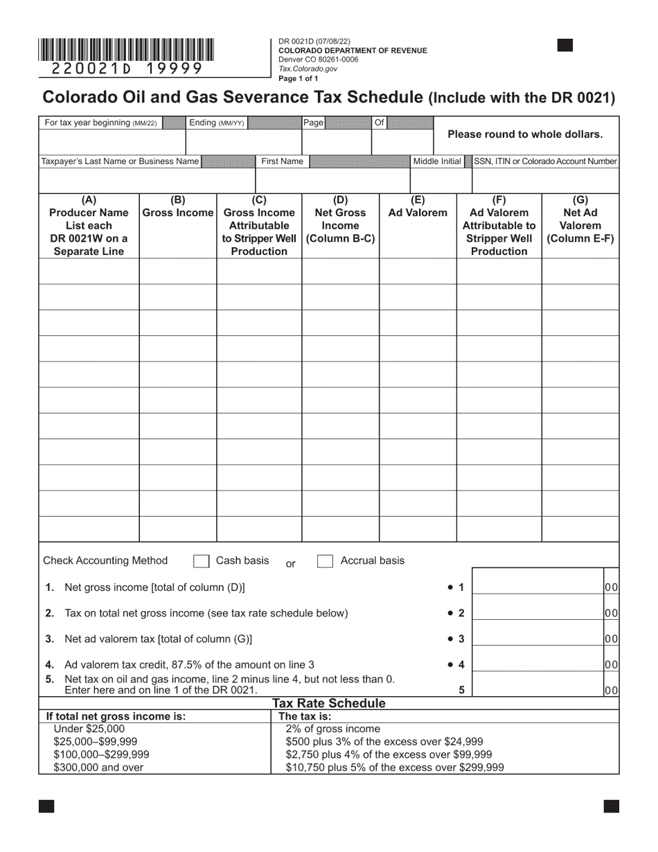 Form DR0021D Colorado Oil and Gas Severance Tax Schedule - Colorado, Page 1