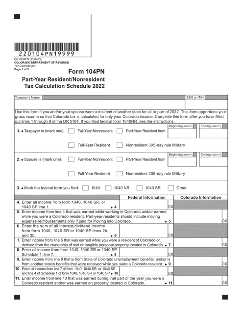 Form DR0104PN Part-Year Resident/Nonresident Tax Calculation Schedule - Colorado, 2022