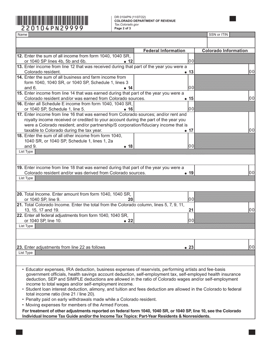 Form DR0104PN Download Fillable PDF or Fill Online Part-Year Resident ...