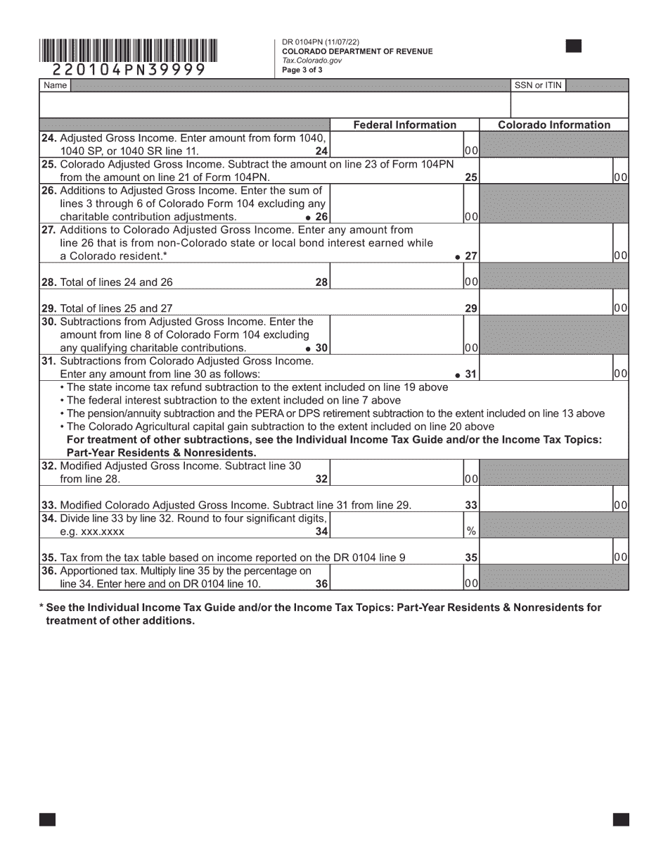 Form DR0104PN Part-Year Resident / Nonresident Tax Calculation Schedule - Colorado, Page 3