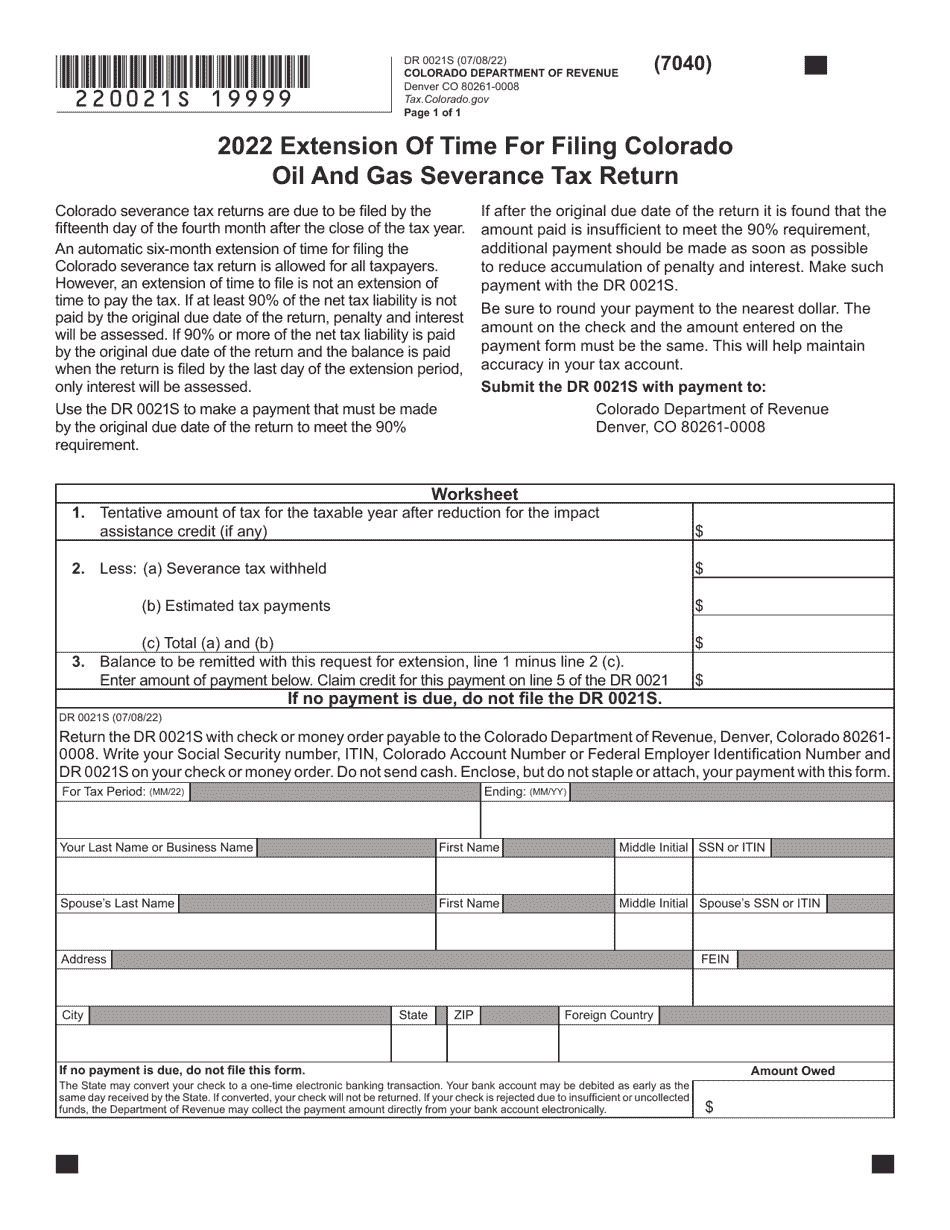 Form DR0021S Extension of Time for Filing Colorado Oil and Gas Severance Tax Return - Colorado, Page 1