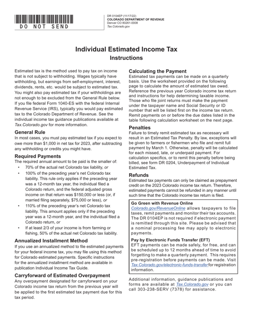 Form DR0104EP Colorado Estimated Income Tax Payment Form - Colorado, 2023