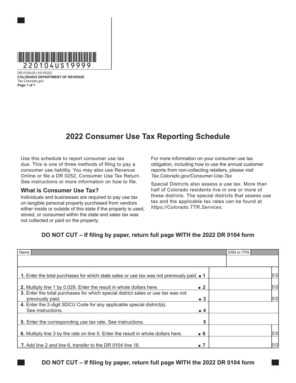 Form DR0104US Consumer Use Tax Reporting Schedule - Colorado, Page 1