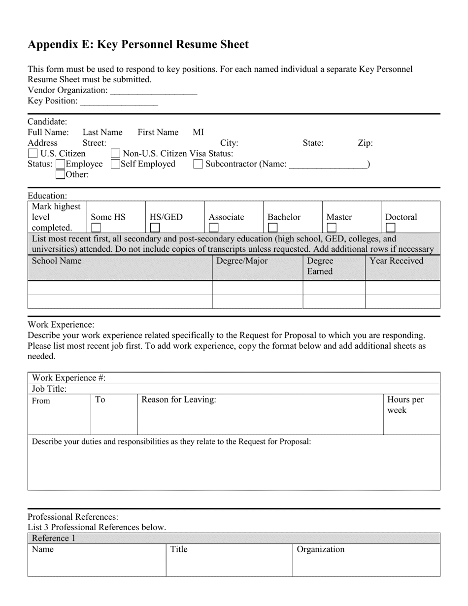 Appendix E Key Personnel Resume Sheet - Alabama, Page 1