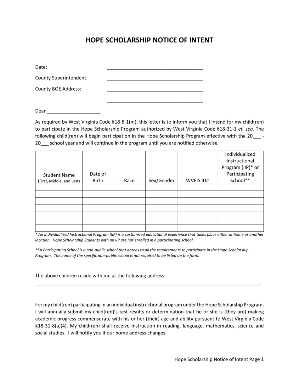 Hope Scholarship Notice of Intent - West Virginia, Page 1