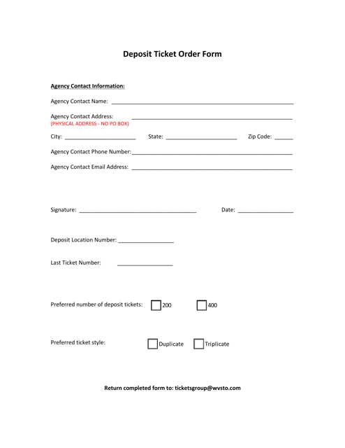 Deposit Ticket Order Form - West Virginia Download Pdf