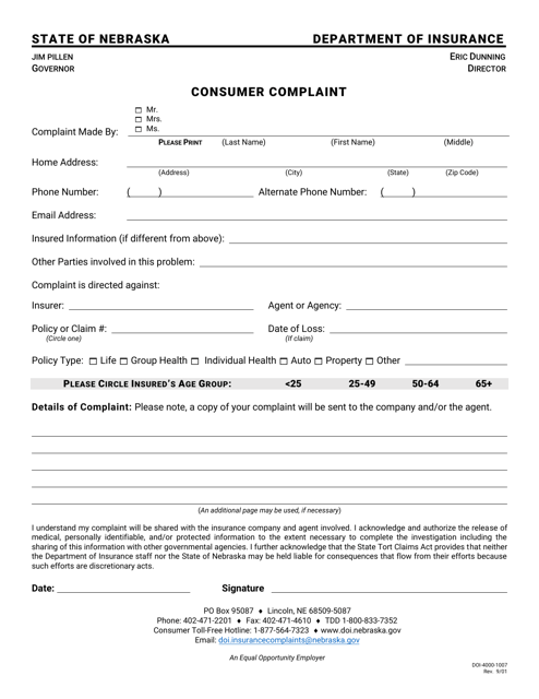 Form DOI-4000-1007 Consumer Complaint - Nebraska (English/Spanish)