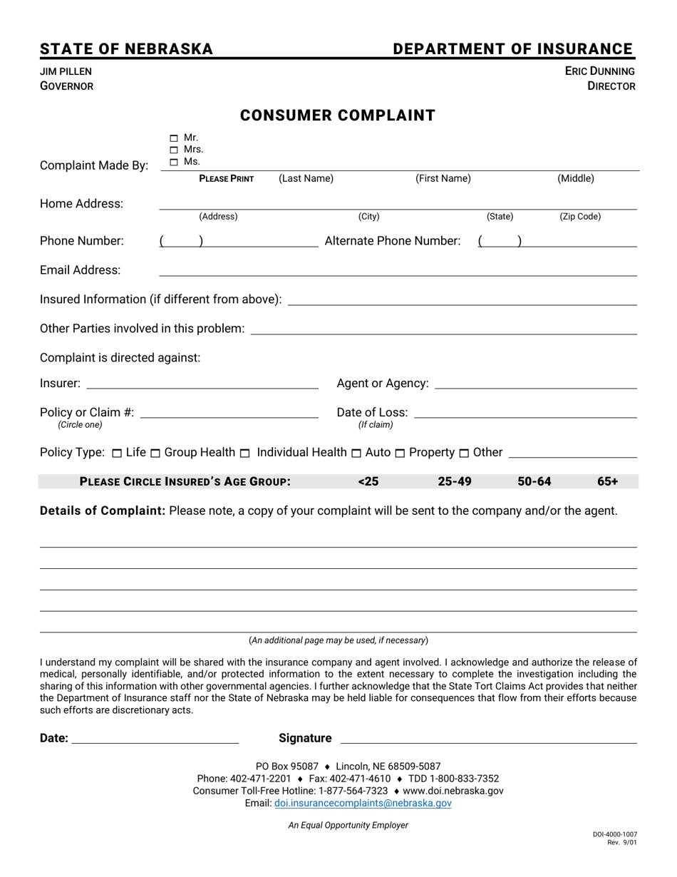 Form DOI-4000-1007 Consumer Complaint - Nebraska (English / Spanish), Page 1