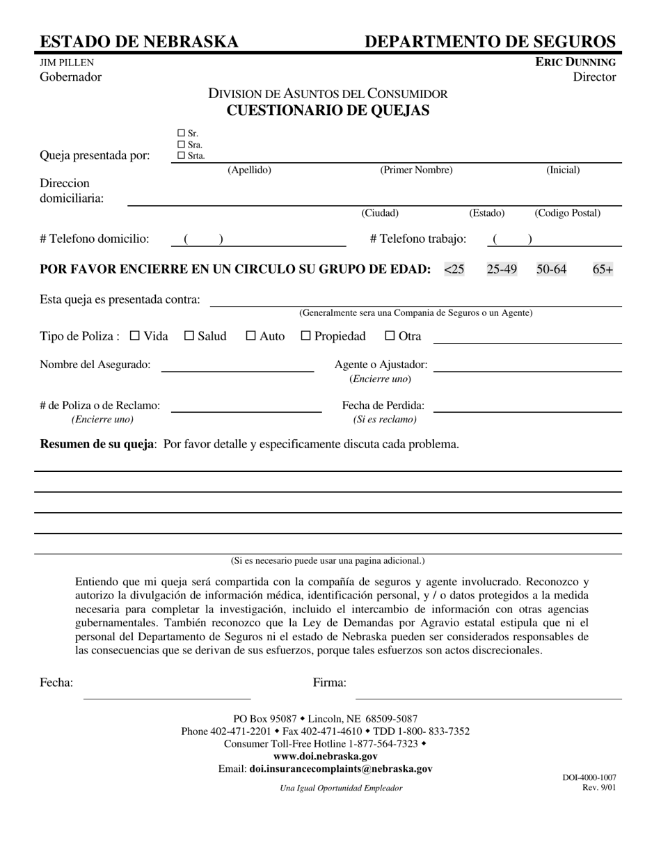 Form DOI-4000-1007 Consumer Complaint - Nebraska (English / Spanish), Page 2