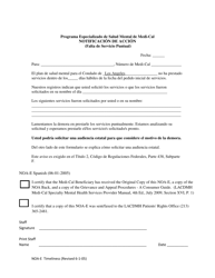 Document preview: Formulario NOA-E Notificacion De Accion (Falta De Servicio Puntual) - Programa Especializado De Salud Mental De Medi-Cal - Los Angeles County, California (Spanish)