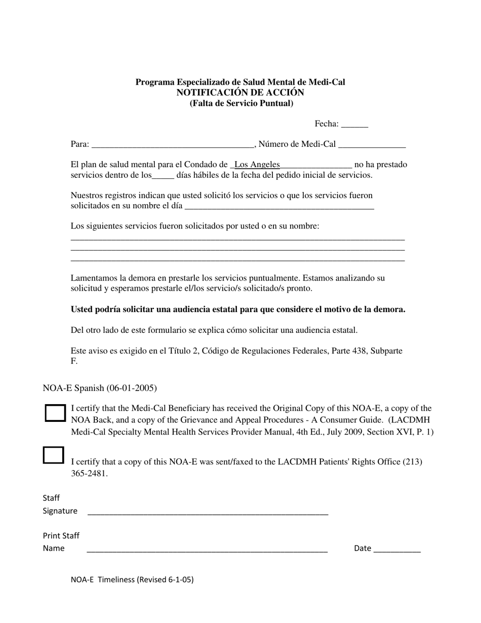 Formulario NOA-E Notificacion De Accion (Falta De Servicio Puntual) - Programa Especializado De Salud Mental De Medi-Cal - Los Angeles County, California (Spanish), Page 1