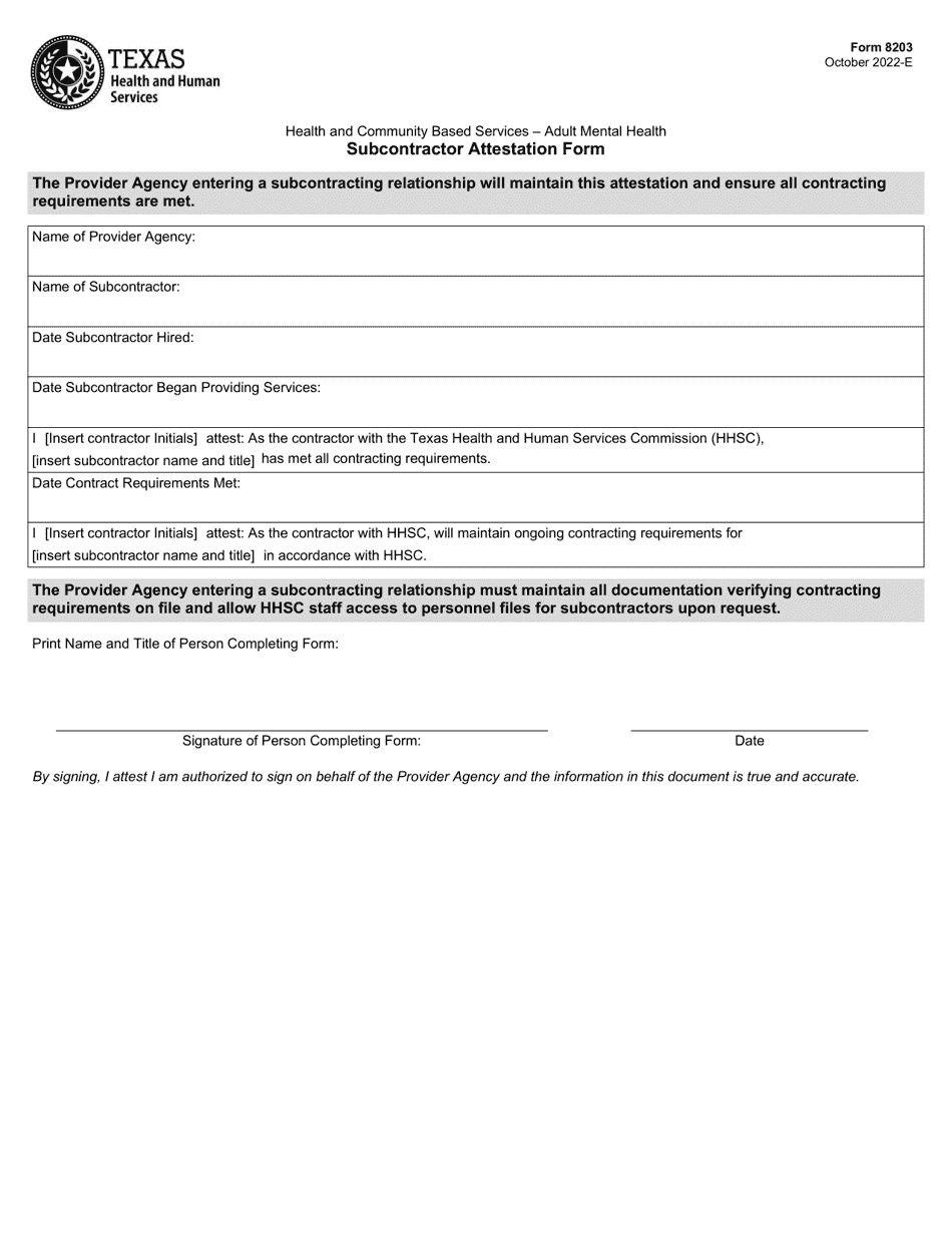 Form 8203 Subcontractor Attestation Form - Texas, Page 1
