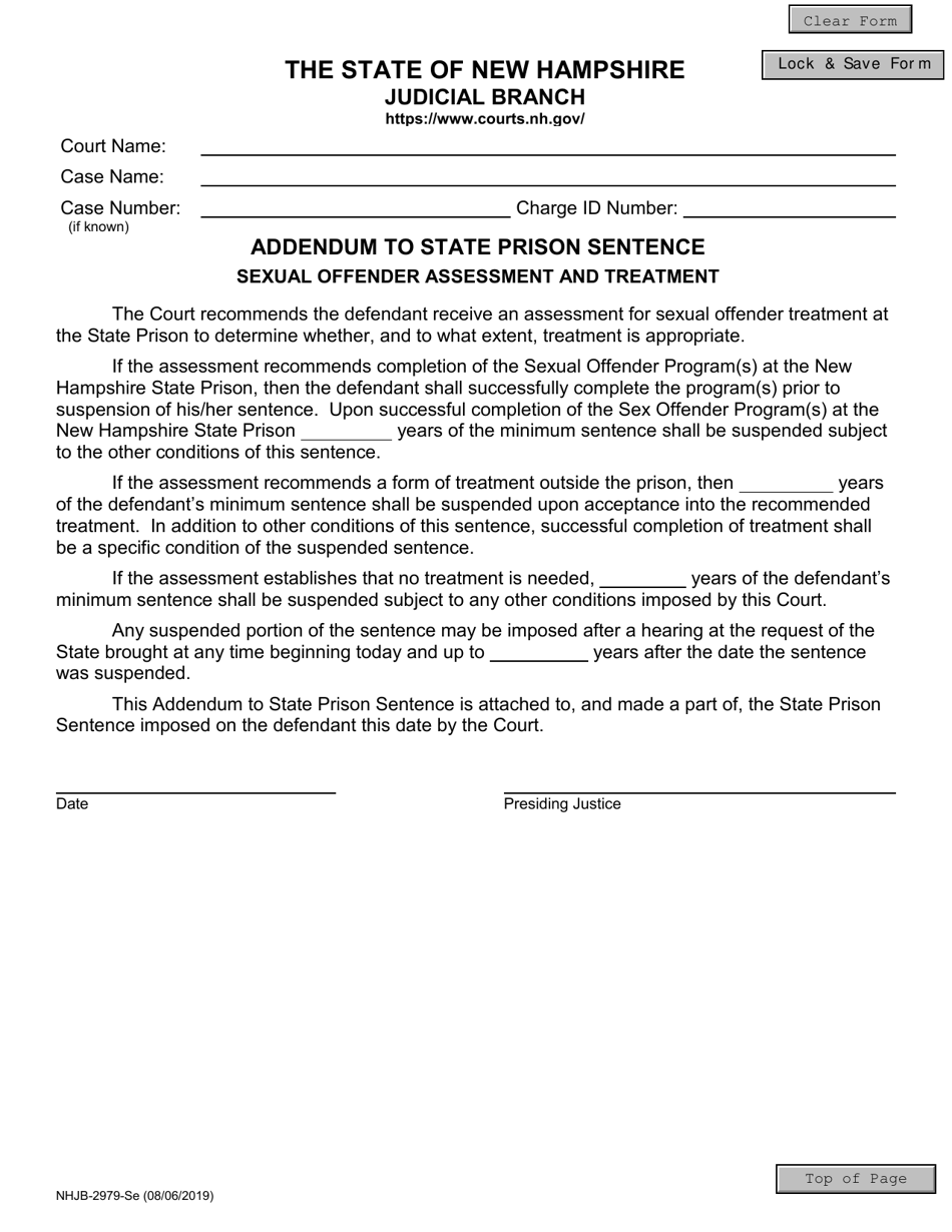 Form NHJB-2979-SE Addendum to State Prison Sentence - Sexual Offender Assessment and Treatment - New Hampshire, Page 1