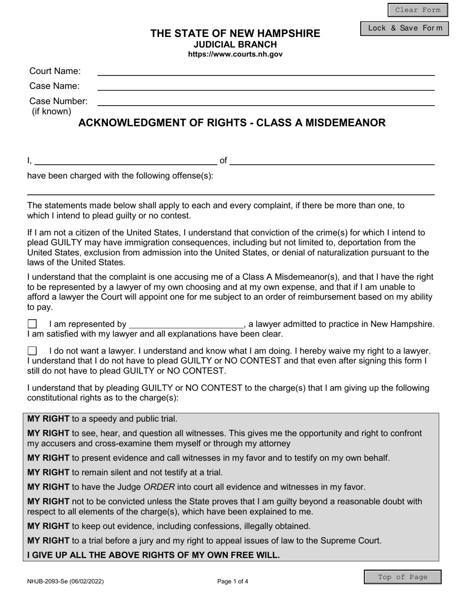 Form NHJB-2093-SE Download Fillable PDF or Fill Online Acknowledgment ...