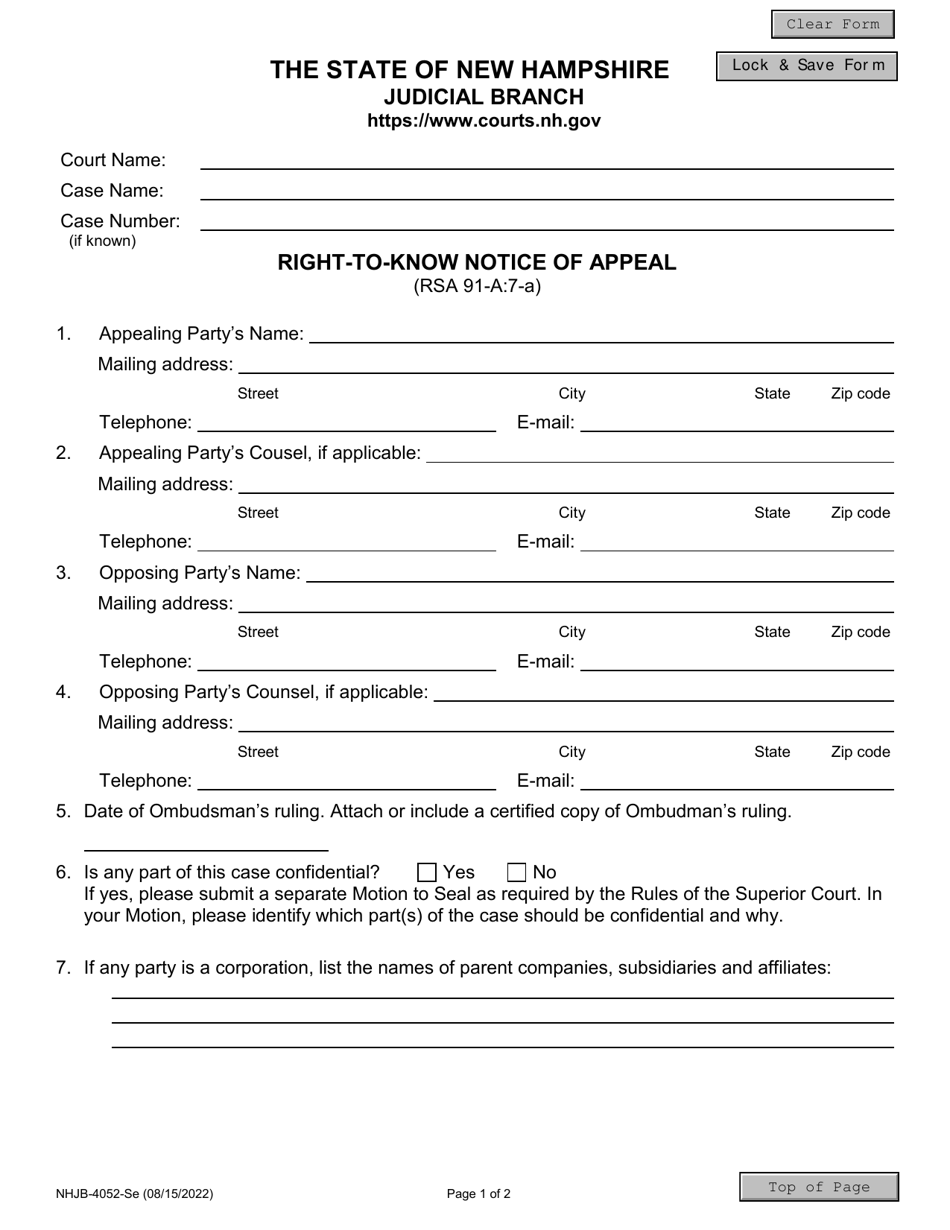Form NHJB-4052-SE Right-To-Know Notice of Appeal - New Hampshire, Page 1