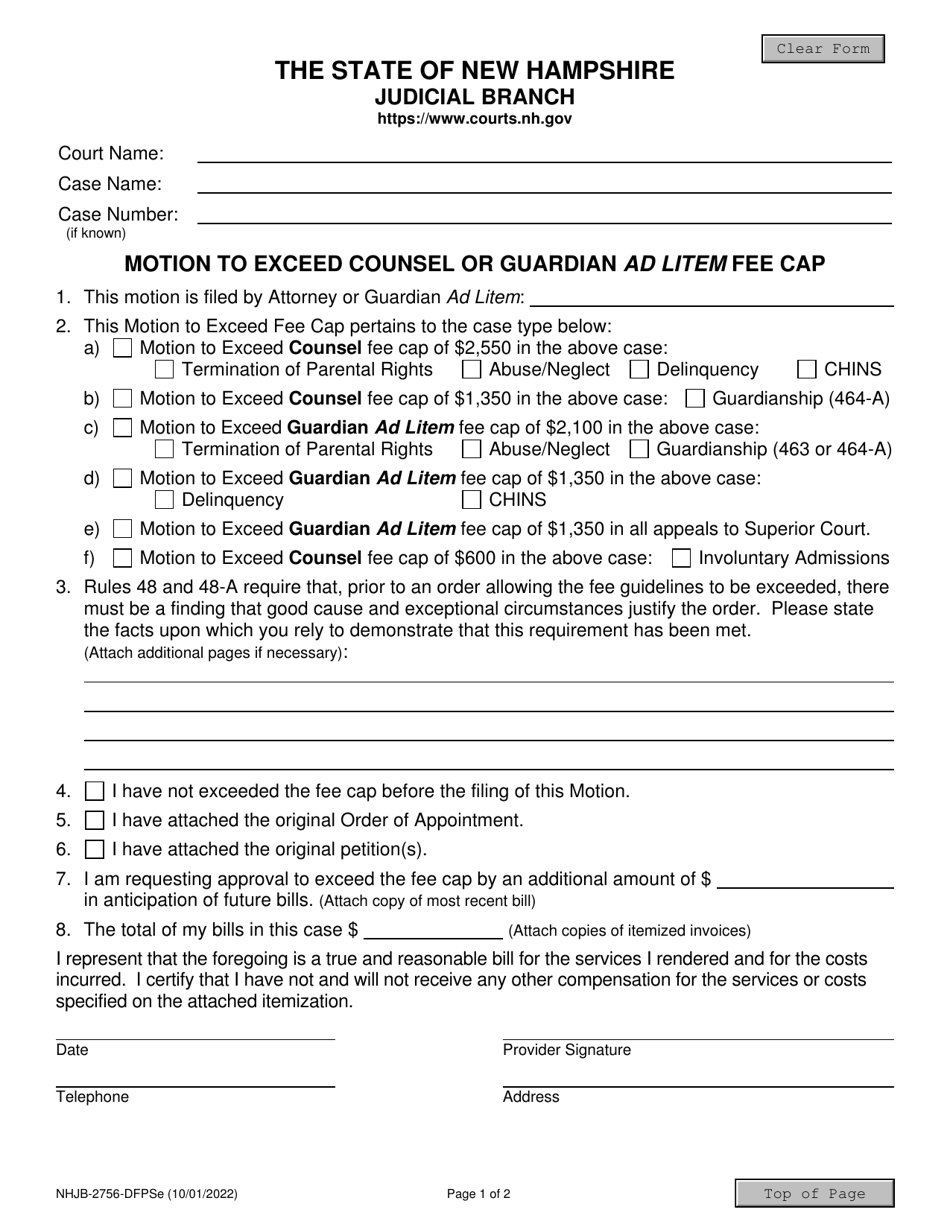Form NHJB-2756-DFPSE Motion to Exceed Counsel or Guardian Ad Litem Fee Cap - New Hampshire, Page 1