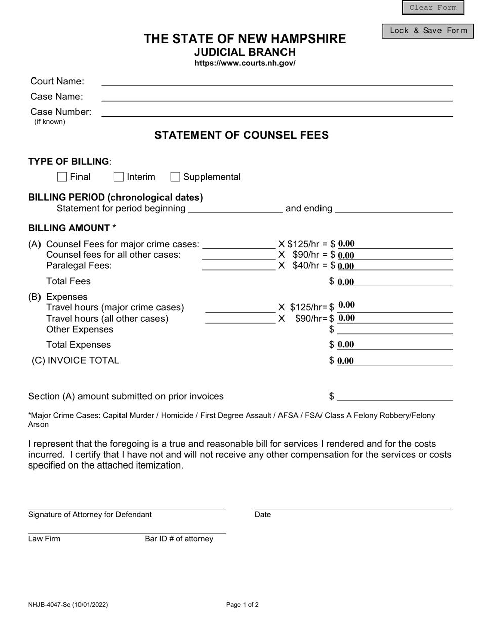 Form NHJB-4047-SE Statement of Counsel Fees - New Hampshire, Page 1