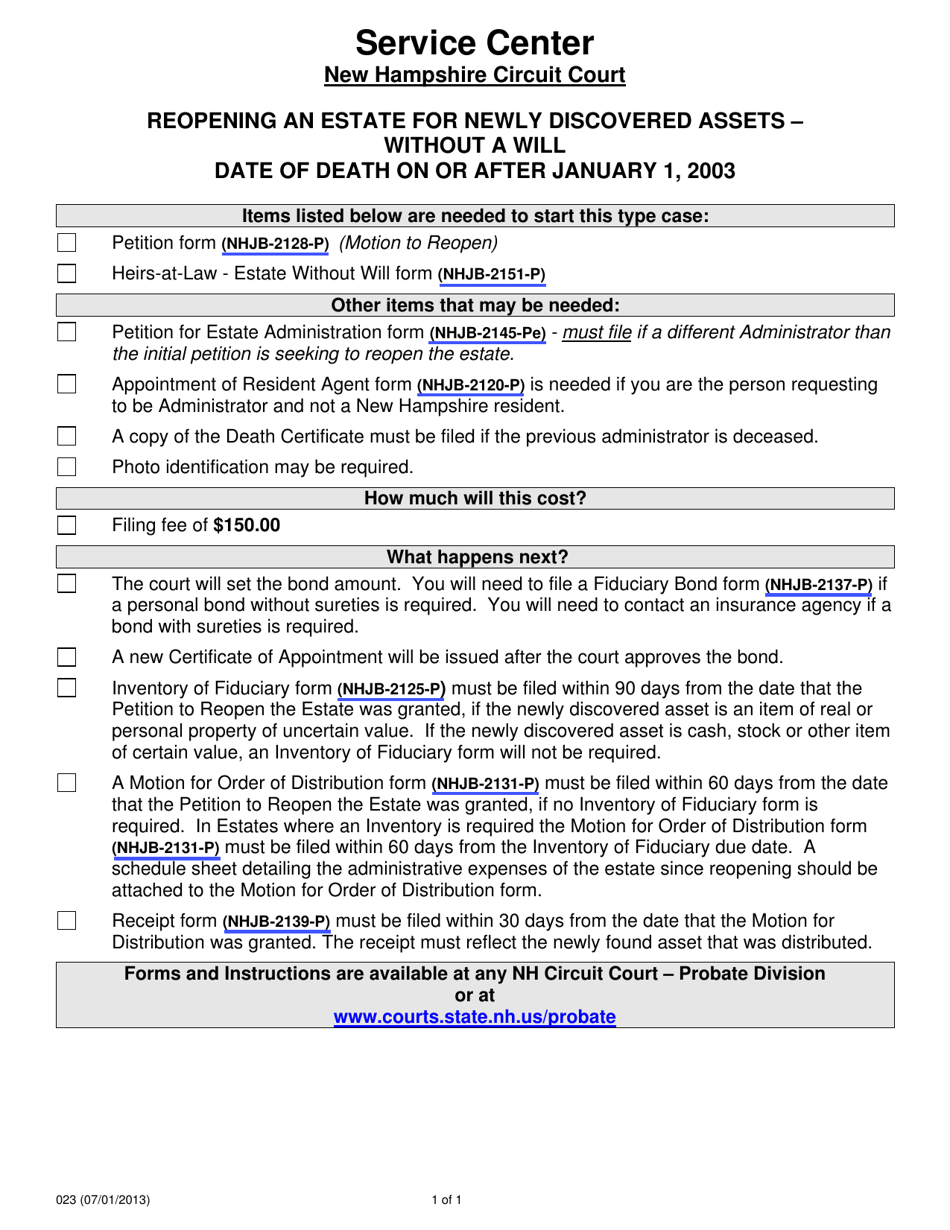 Form 023 Reopening an Estate for Newly Discovered Assets - Without a Will Date of Death on or After January 1, 2003 - New Hampshire, Page 1