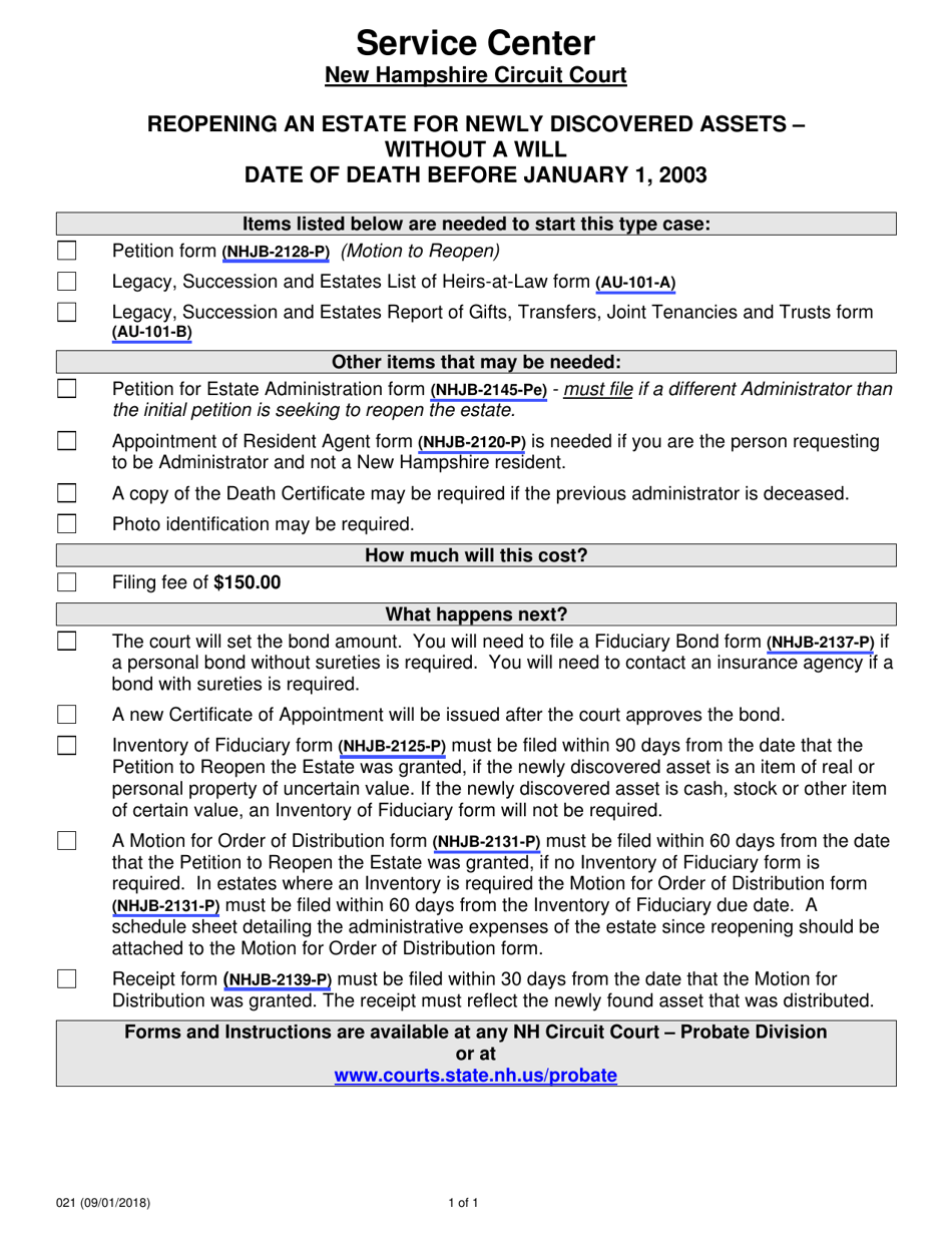 Form 021 Reopening an Estate for Newly Discovered Assets - Without a Will Date of Death Before January 1, 2003 - New Hampshire, Page 1