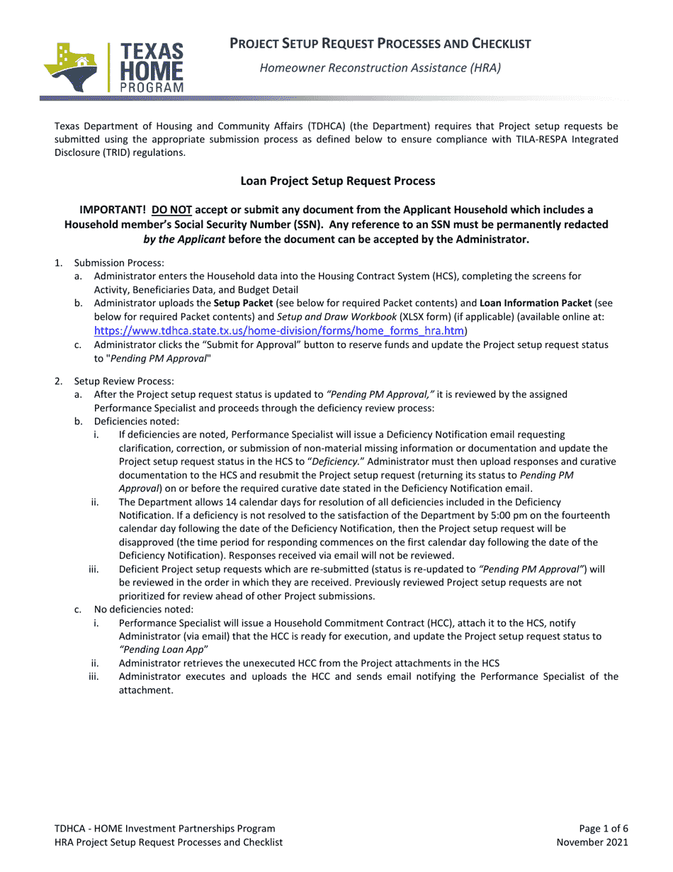 Project Setup Request Processes and Checklist - Homeowner Reconstruction Assistance (HRA) - Texas, Page 1
