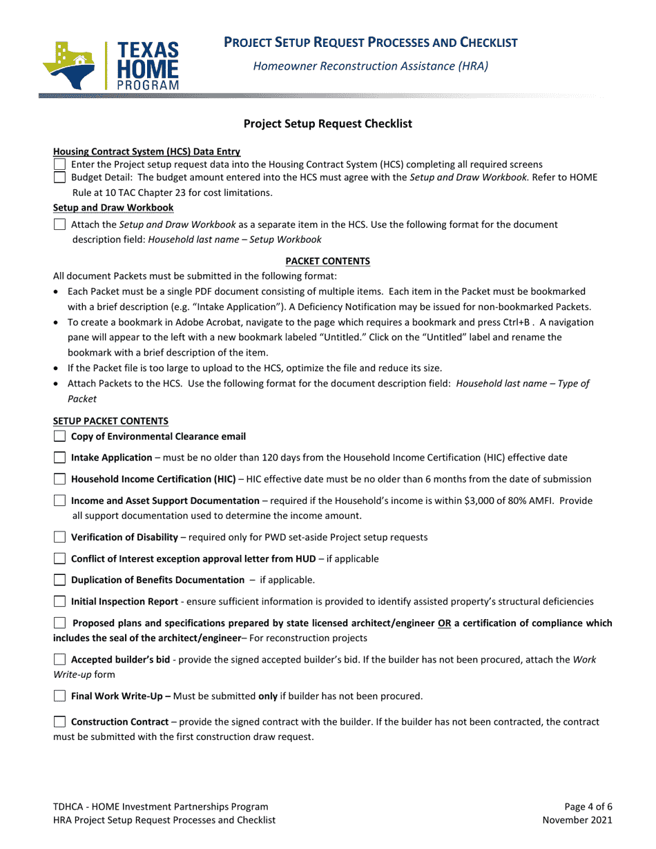 Project Setup Request Processes and Checklist - Homeowner Reconstruction Assistance (HRA) - Texas, Page 4