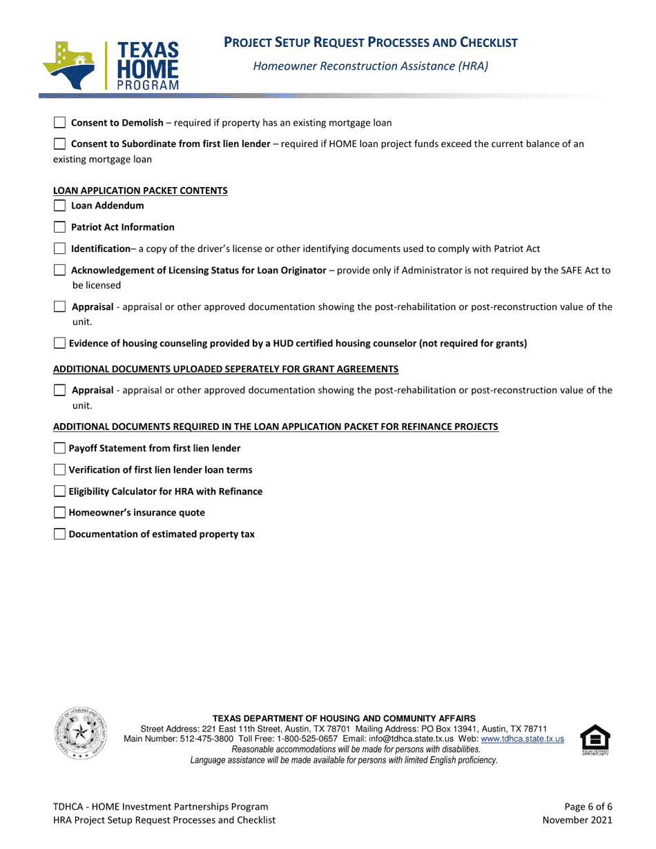 Project Setup Request Processes and Checklist - Homeowner Reconstruction Assistance (HRA) - Texas, Page 6
