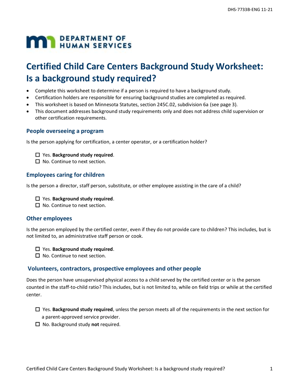 Form DHS-7733B Certified Child Care Centers Background Study Worksheet - Minnesota, Page 1