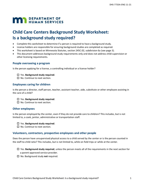 Form DHS-7733A Child Care Centers Background Study Worksheet - Minnesota
