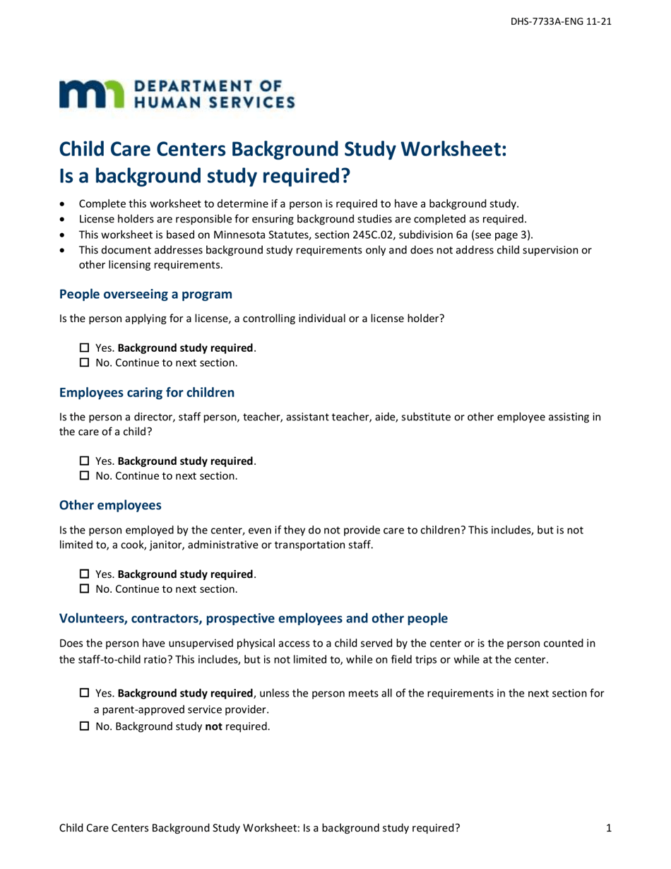 Form DHS-7733A Child Care Centers Background Study Worksheet - Minnesota, Page 1