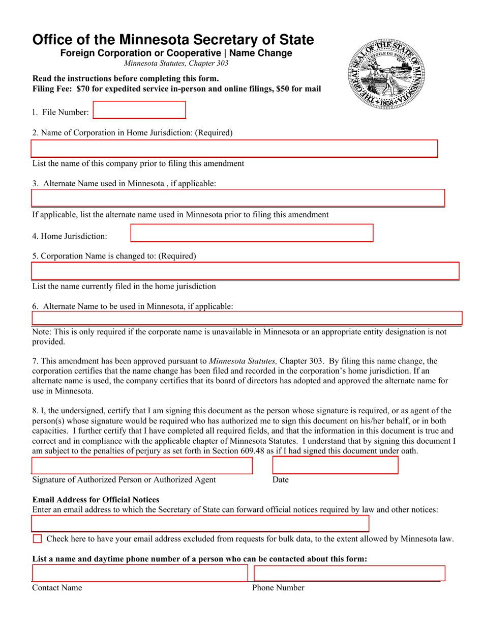 Foreign Corporation or Cooperative Name Change - Minnesota, Page 1