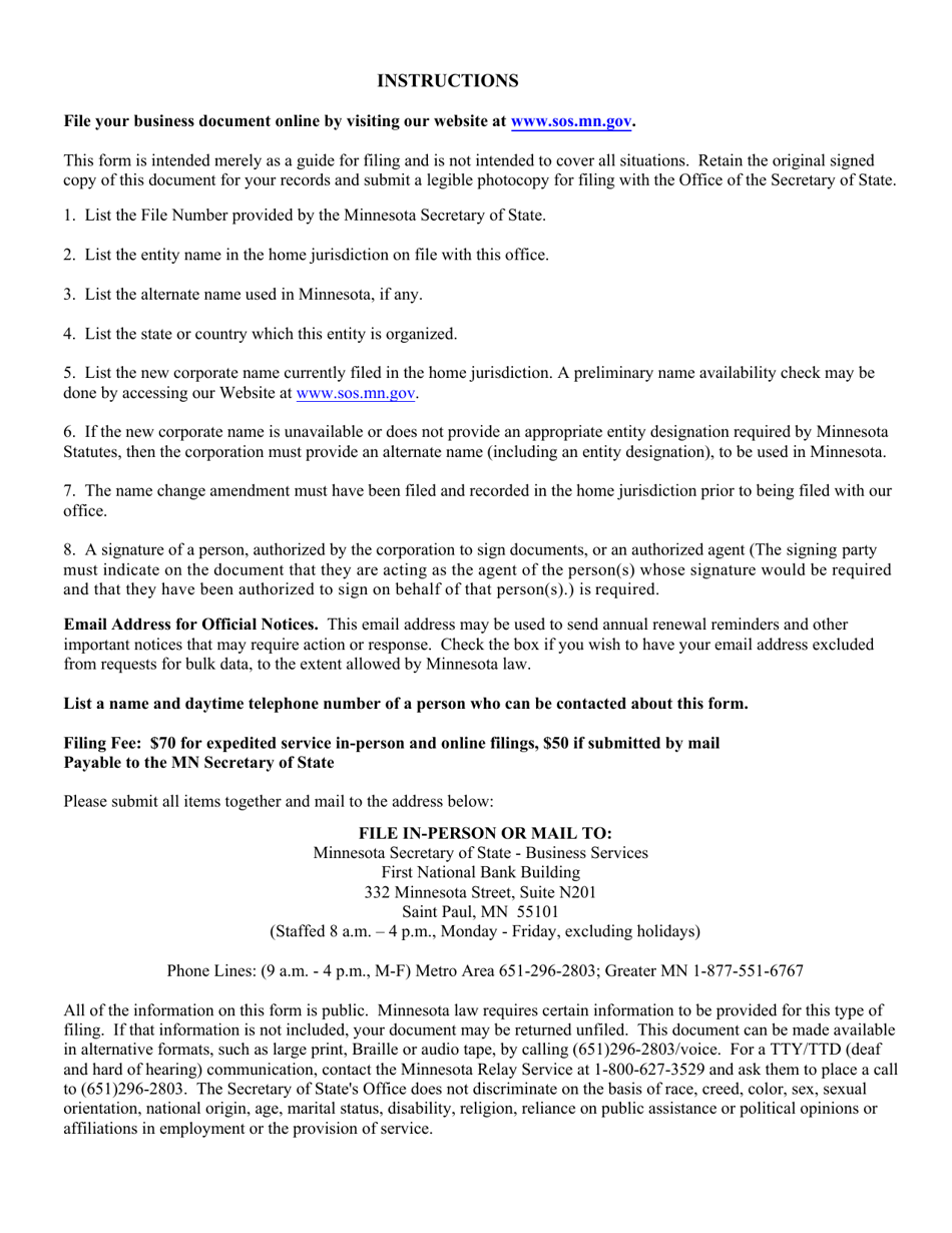Foreign Corporation or Cooperative Name Change - Minnesota, Page 3