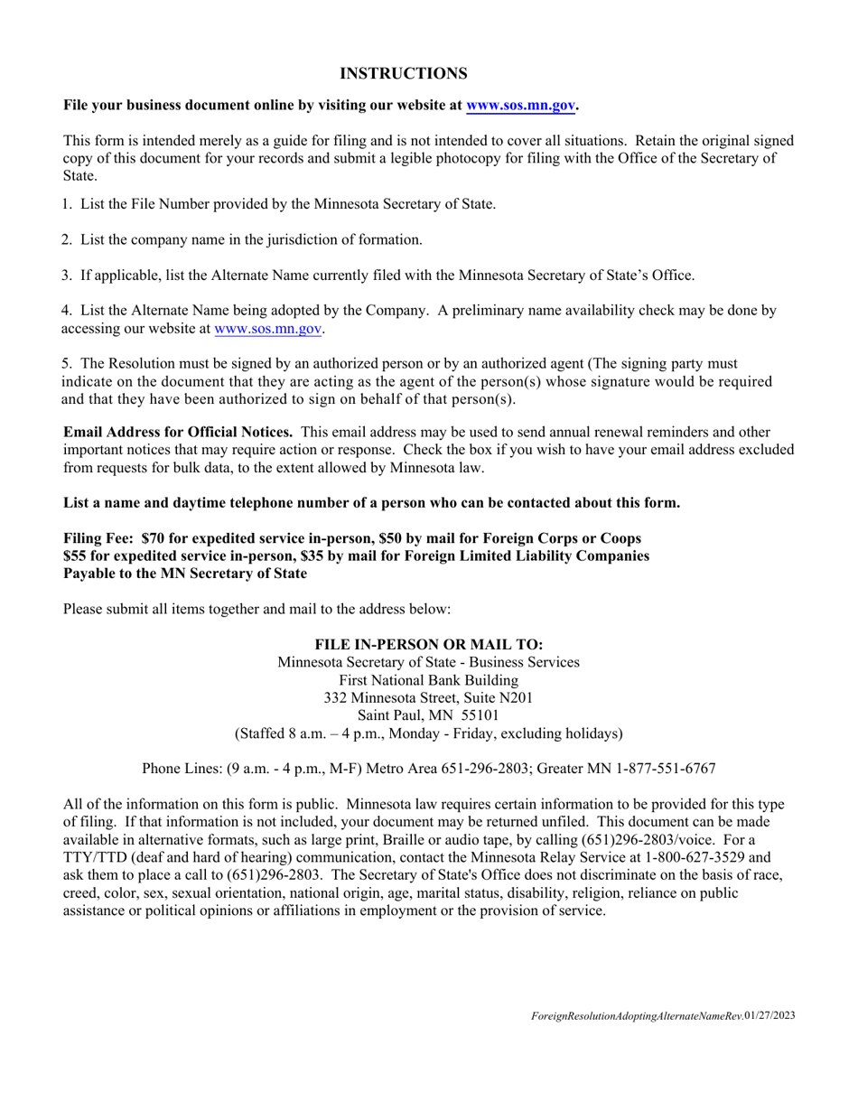 Resolution to Adopt an Alternate Name - Foreign Corporation, Cooperative  Limited Liability Company - Minnesota, Page 2