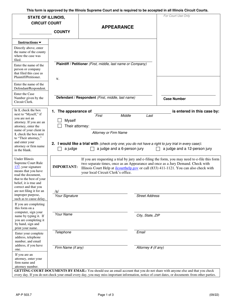 Form AP-P503.7 Appearance - Illinois, Page 1