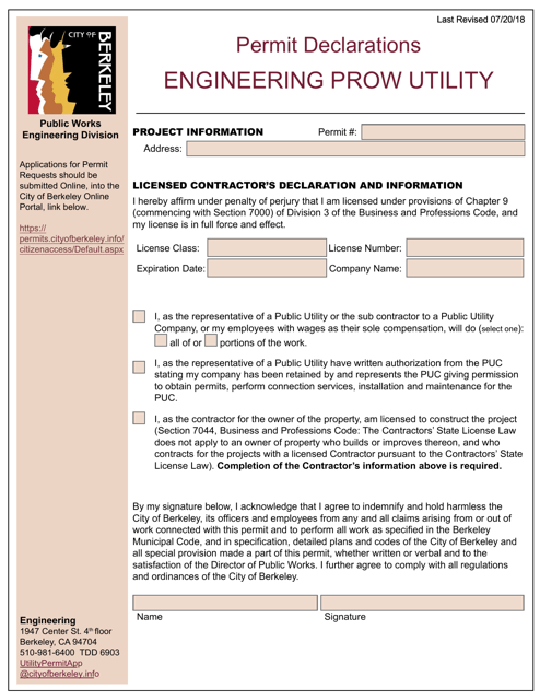 Miscellaneous Prow Utility Engineering Permit Declarations - City of Berkeley, California